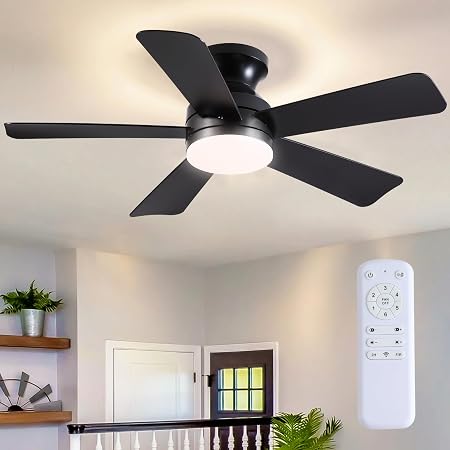 41 inch Ceiling Fans with Lights, Black Flush Mount Ceiling Fan with Remote, 3CCT, LED Dimmable, Reversible, 6 Fan Speeds, Quite Low Profile Ceiling Fan with Lights Modern Bedroom Kitchen Indoor