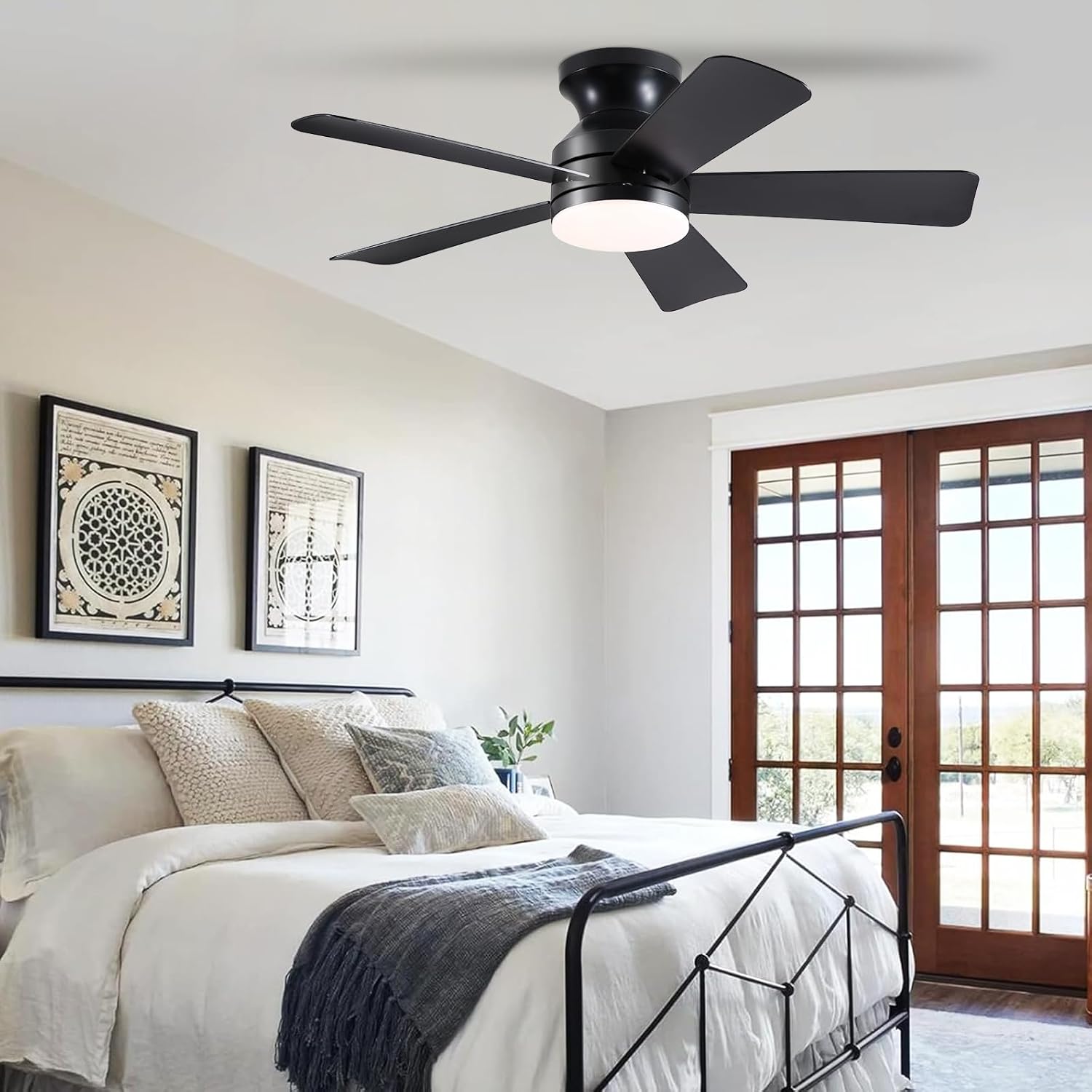 41 inch Ceiling Fans with Lights, Black Flush Mount Ceiling Fan with Remote, 3CCT, LED Dimmable, Reversible, 6 Fan Speeds, Quite Low Profile Ceiling Fan with Lights Modern Bedroom Kitchen Indoor