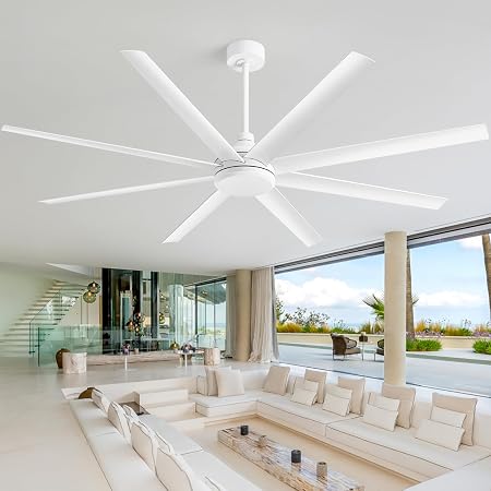 65 Inch Ceiling Fan No Light, Modern Ceiling Fan with Remote Control, Quite DC Motor 8 Reversible Blades Indoor Outdoor Industrial Ceiling Fan without Light For Living Room Bedroom Patio Garage-White