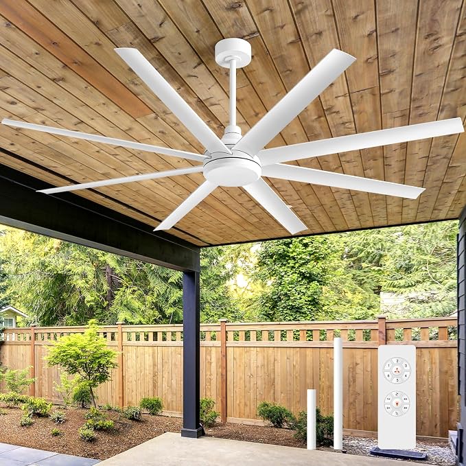 65 Inch Ceiling Fan No Light, Modern Ceiling Fan with Remote Control, Quite DC Motor 8 Reversible Blades Indoor Outdoor Industrial Ceiling Fan without Light For Living Room Bedroom Patio Garage-White