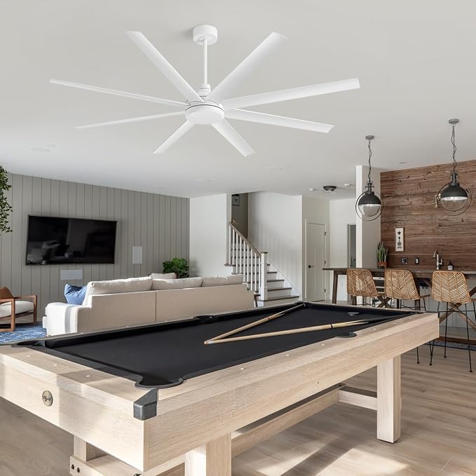 65 Inch Ceiling Fan No Light, Modern Ceiling Fan with Remote Control, Quite DC Motor 8 Reversible Blades Indoor Outdoor Industrial Ceiling Fan without Light For Living Room Bedroom Patio Garage-White