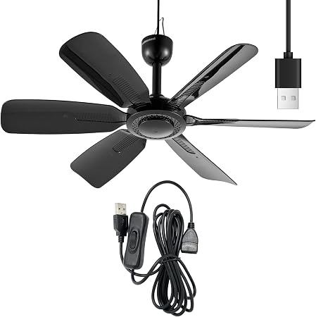 17.7" Inch Small Portable Ceiling Fan with ON/OFF switch, USB Plug In, 5V DC Powered, 6 Blades, Indoor/Outdoor RV Camping Tent Canopy, Gazebo，Beach，Hanging, Quiet,black