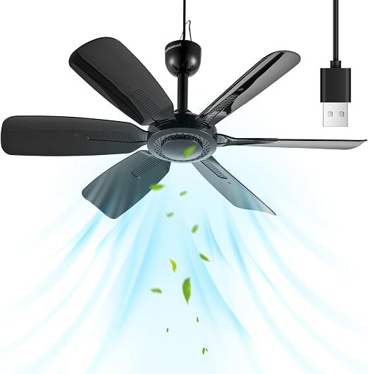 17.7" Inch Small Portable Ceiling Fan with ON/OFF switch, USB Plug In, 5V DC Powered, 6 Blades, Indoor/Outdoor RV Camping Tent Canopy, Gazebo，Beach，Hanging, Quiet,black