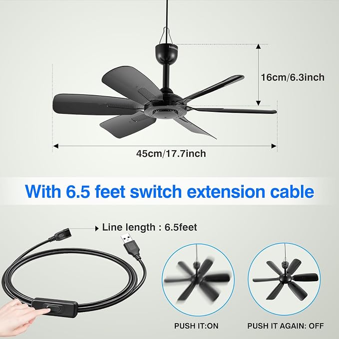 17.7" Inch Small Portable Ceiling Fan with ON/OFF switch, USB Plug In, 5V DC Powered, 6 Blades, Indoor/Outdoor RV Camping Tent Canopy, Gazebo，Beach，Hanging, Quiet,black