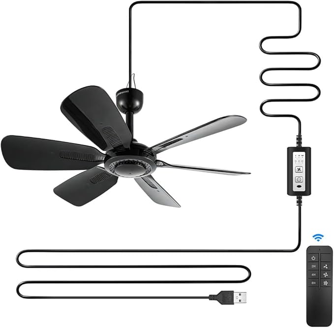 17.7" Inch Small Portable Ceiling Fan with ON/OFF switch, USB Plug In, 5V DC Powered, 6 Blades, Indoor/Outdoor RV Camping Tent Canopy, Gazebo，Beach，Hanging, Quiet,black