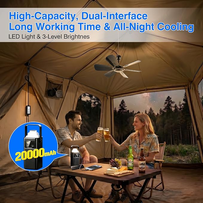 17.7" Inch Small Portable Ceiling Fan with ON/OFF switch, USB Plug In, 5V DC Powered, 6 Blades, Indoor/Outdoor RV Camping Tent Canopy, Gazebo，Beach，Hanging, Quiet,black