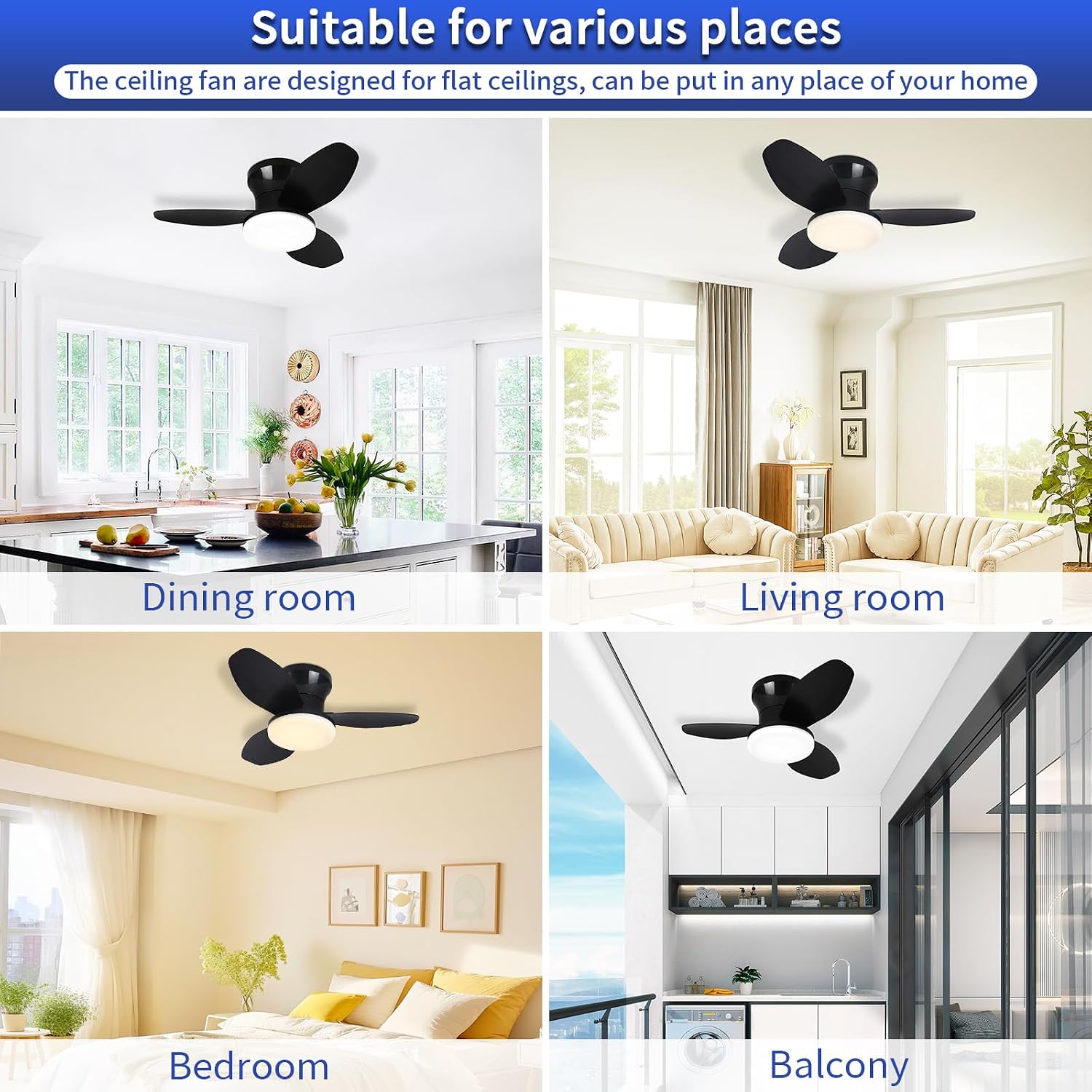 Small Ceiling Fan with Lights and Remote, 25'' Flush Mount, Modern | Reversible Quiet DC Motor,6 Speeds,3 Blades,Dimmable,Adjustable Color Temperature,Timer for bedroom Kitchen indoor outdoor