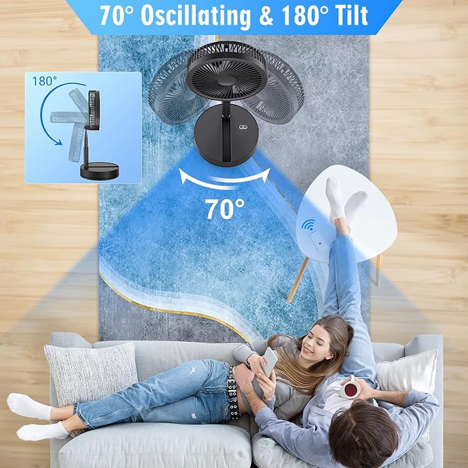 Portable Foldable Oscillating Fan - 8.6" 8000mah Rechargeable Battery Operated USB C Small Fan with Remote Quiet Table Desk Fan Folding